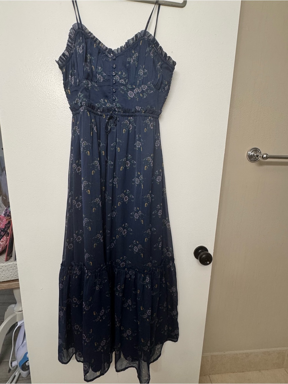 Patrons of Peace Navy Floral Ruffle Neck Maxi